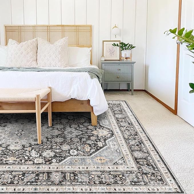 Washable Area Rug 5x7 - Bedroom Living Room Indoor Rugs Soft Oriental Vintage Rugs with Non-Slip Backing Stain Resistant Thin Rug for Farmhouse Kitchen (Slate Grey/Black 5x7)