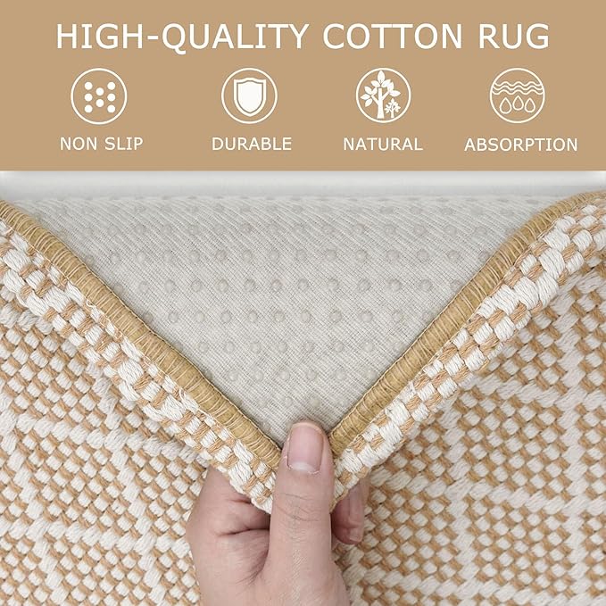 KOZYFLY Runner Rug 2x6 Ft Washable Runners for Hallways Non Slip Rubber Backed Kitchen Runners, Cotton Entryway Runner Indoor, Floor Carpet for Hallway Kitchen Entryway Bedroom, Tan/Beige