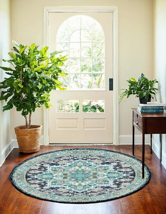 BESTSWEETIE 4ft Area Rugs for Living Room Washable Non Slip Carpet Low Pile Soft Vintage Print Pattern Rug for Bedroom Dining Room Kitchen Entryway Indoor-Teal/Navy/Green/Yellow