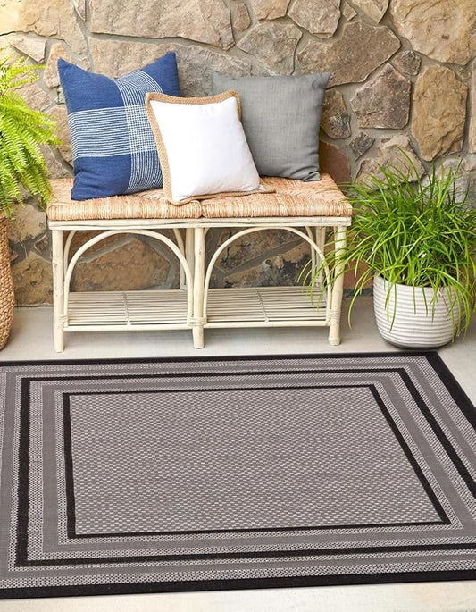 Unique Loom Outdoor Border Collection Area Rug - Multi Border (5' 3" Square Gray/Black)