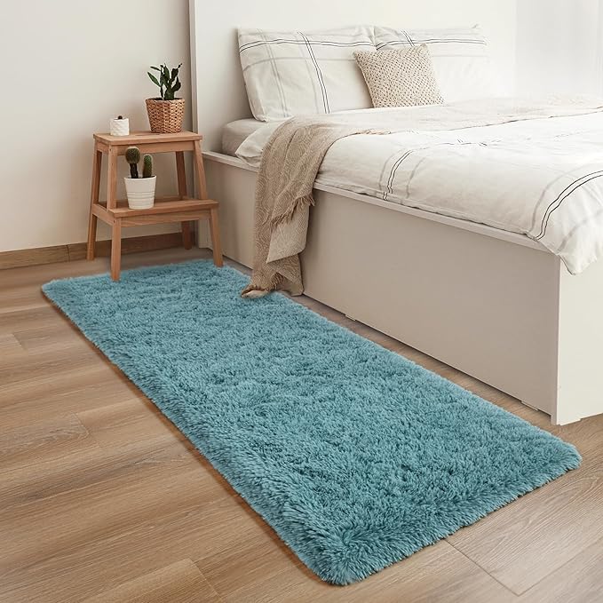YJ.GWL Fluffy Runner Rugs for Bedroom Living Room Soft Shag Teal Rug 2x6 Feet, Turquoise Green Plush Carpet Non Slip for Nursery Dorm, Fuzzy Bedside Rug for Kids Boys Girls Room Home Decor