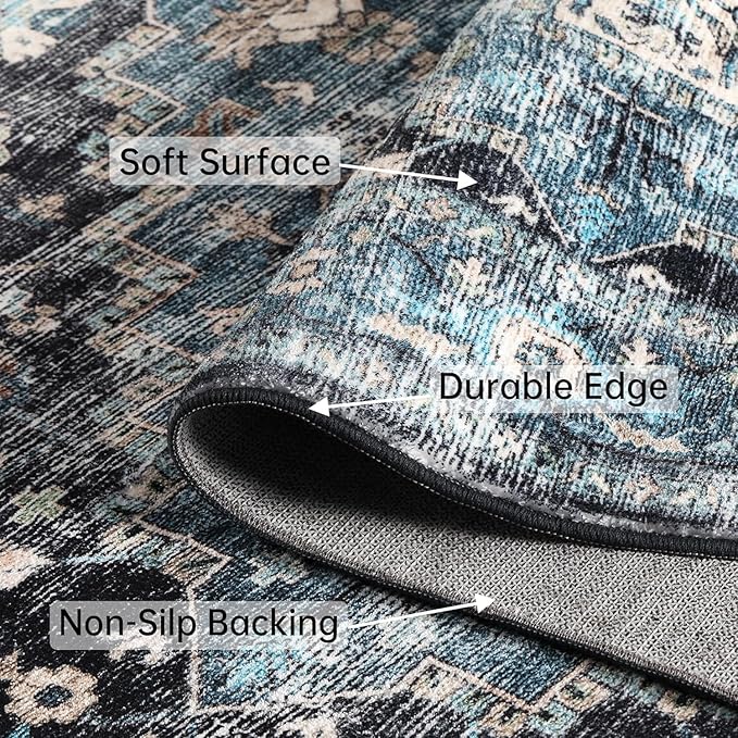 2x6 Washable Runner Rug Non Slip Long Bathroom Hallway Runner Rug Blue Vintage Boho Area Rug Soft Carpet for Bedroom Kitchen Laundry Entryway