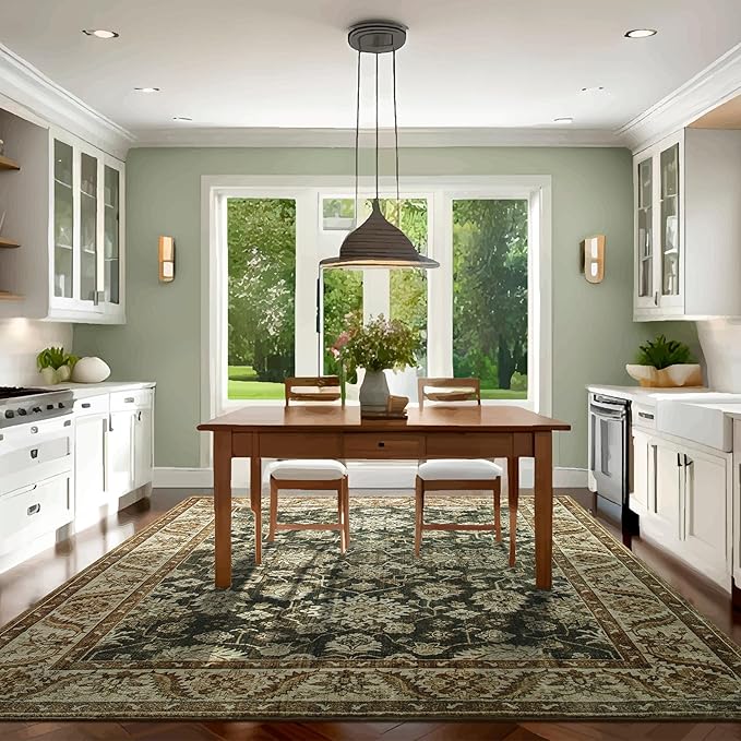 Area Rugs for Living Room, Washable 5x7 Area Rug for Bedroom, Retro Floral Non-Slip Carpet for Nursery Home Office Dining Room Kitchen, Brown and Green