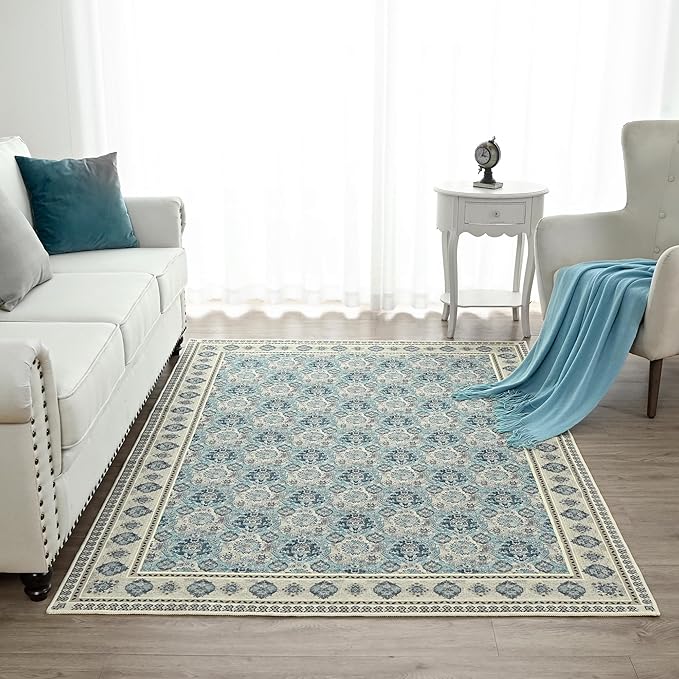 Vintage Washable Area Rug 8x10, Spill-Proof Surface, Non-Slip Backing, Cozy Soft Faux Wool, Printed Rug for Living Room, Bedroom, Dining Room - Maya