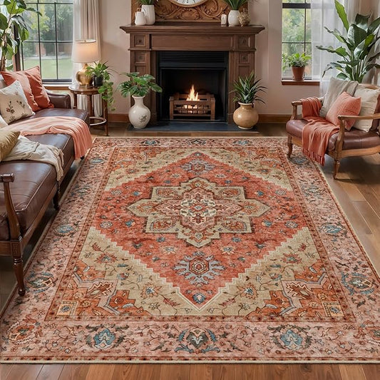 4x6 Area Rug for Living Room, Washable Vintage Rug Indoor, Distressed Carpet for Bedroom, Non Slip Dining Room Rug, Soft Low Pile Rugs Foldable Floor Rug for Dorm Bedside Bathroom