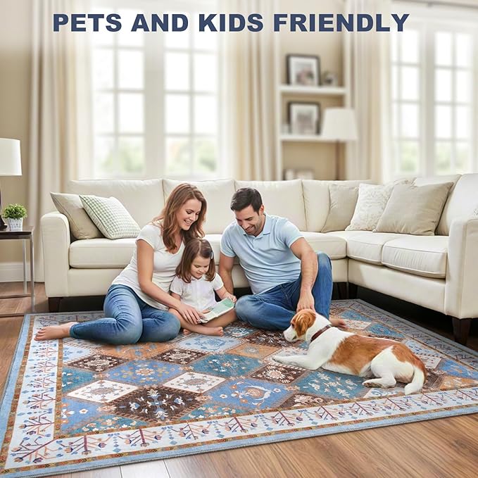 4x6 Washable Area Rug for Bedroom, Blue Boho Non-Slip Living Room Rugs, Moroccan Floral Trellis Carpet Soft Low Pile Accent Indoor Mat for Bedside Kitchen Laundry Room