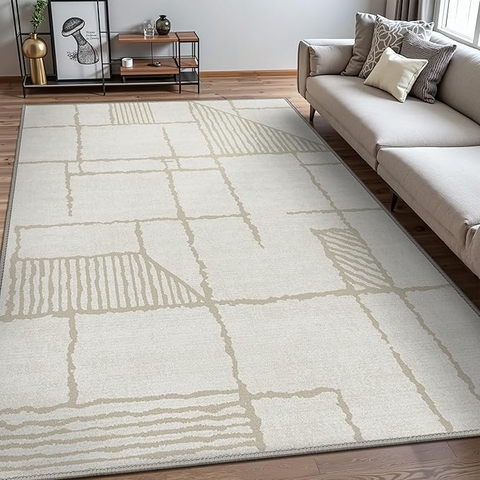 Bavni 8x10 Area Rugs, Abstract Modern Living Room Rugs, Large Machine Washable Rug Non-Slip, Soft Pet Friendly Rugs for Bedroom, Playroom, Dining Room, Abstract Cream
