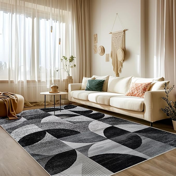 3x5 Area Rugs for Living Room Machine Washable Geometric Boho Rug Non Slip Printed Black and Grey Rug Carpet Friendly Modern Rug for Bathroom Bedroom Dining Room Office
