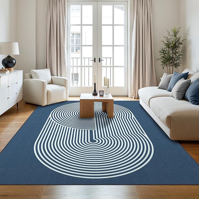 Bavni Area Rugs 8x10, Modern Soft Bedroom Rug, Machine Washable Rug Non Slip, Abstract Low Pile Large Rugs for Living Room, Dining Room, Blue White Lines