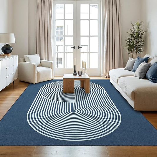 Bavni Area Rugs 8x10, Modern Soft Bedroom Rug, Machine Washable Rug Non Slip, Abstract Low Pile Large Rugs for Living Room, Dining Room, Blue White Lines