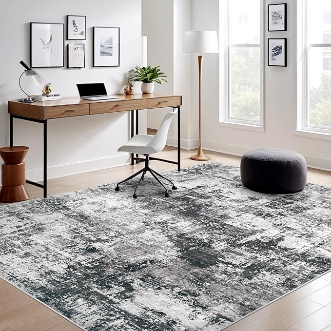 Washable Area Rug 6x9 for Living Room: Abstract Large Rugs Neutral Modern Carpet with Non Slip Backing for Bedroom Dining Room Office (Black Grey, 6'x9')