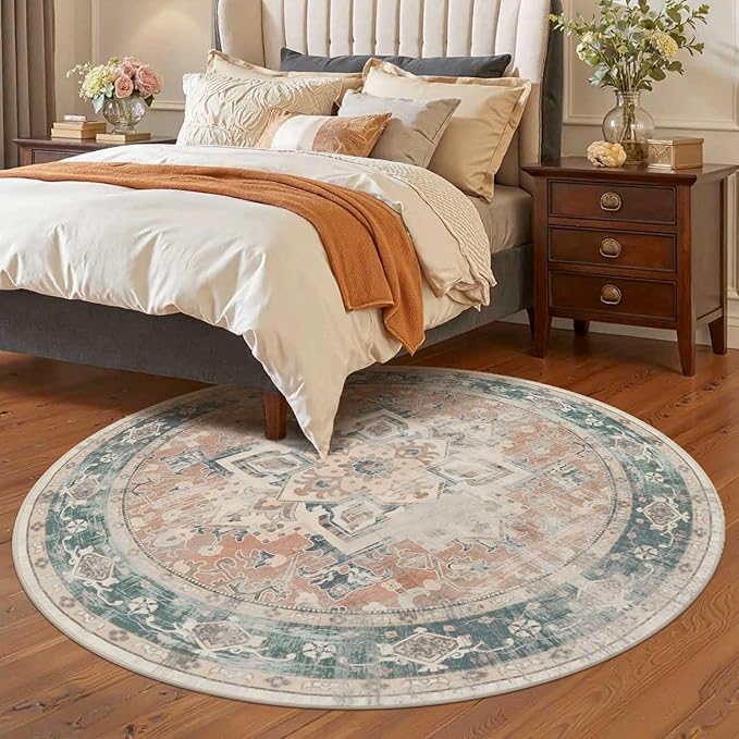 4ft Circle Rug, Soft Round Boho Rug, Washable Non Slip Area Rug for Living Room, Bedroom, Dining Room, Entryway, Round Rugs for Home, Patio, Office, Kids Room, Coral(Blue&Orange)