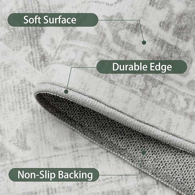 Washable Rugs 8x10 Area Rugs, Soft Vintage Living Room Rug with Anti-Skid Backing Stain Resistant Thin Indoor Carpet Large Area Rug for Bedroom Under Dining Room Table Nursery Entryway-Gray/Black