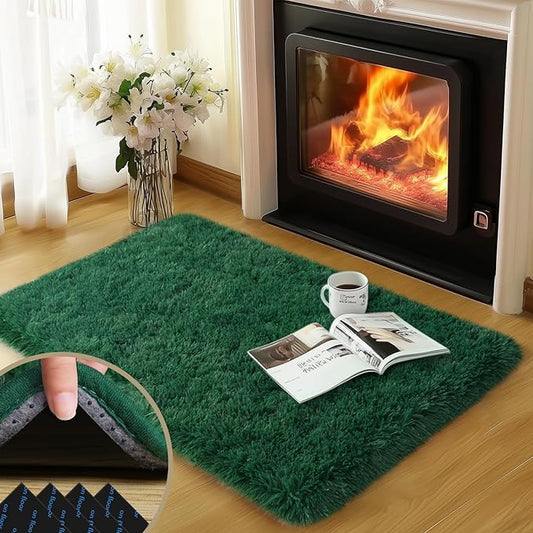 2x3 Rug for Bedroom, Fluffy Area Rugs for Living Room, Small Soft Shag Fuzzy Shaggy Carpets for Kids Boys and Girls Dorm with 4 Non-Slip Rug Tapes for Room Home Decor (2ft x 3ft, Dark Green)