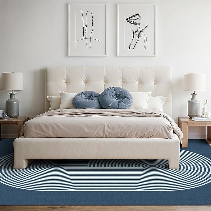 Bavni Area Rugs 8x10, Modern Soft Bedroom Rug, Machine Washable Rug Non Slip, Abstract Low Pile Large Rugs for Living Room, Dining Room, Blue White Lines