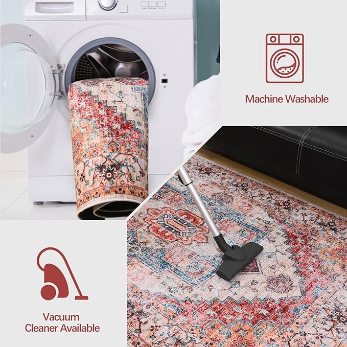 YJ.GWL Doormat Boho Area Rug 2x3, Machine Washable Small Low Pile Lightweight Thin Entryway Rug, Floral Vintage Distress Print Pattern Carpet for Entrance Kitchen Bedroom, Orange