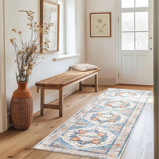 Washable 2x10 Area Rugs, Rugs for Living Room, Low-Pile Water&Stain Resistant Carpet Vintage Distressed Printed Non-Slip Carpet for Bedroom Bathroom Kitchen-Blue