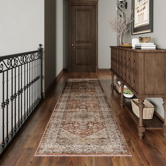 Dripex 2x8 Runner Rug, Machine Washable Non Slip Area Rug,Boho Kitchen Runner Rug, No Pile Lightweight Vintage Rug, Floor Carpet for Entryway, Hallway, Kitchen and Corridor,Rust Red and Multi