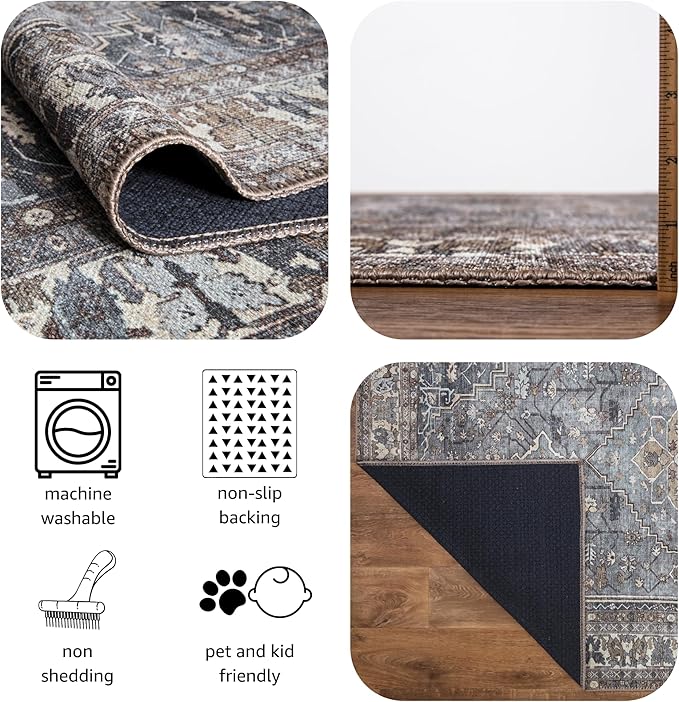 Keen Home Design Machine Washable Area Rugs with Non-Slip Backing,Ideal for Hallway,Living Room,Bedroom,Kitchen and Laundry Room,Vintage Moroccan and Low Pile Rug-(2'6''x10'),Smoke Grey/ Cold Green
