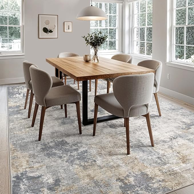 10x12 Area Rug Living Room Rugs - Washable Neutral Modern Abstract Soft Thin Large Rug Indoor Floor No Slip Rug Carpet for Bedroom Under Dining Table Home Office Decor - Blue Grey