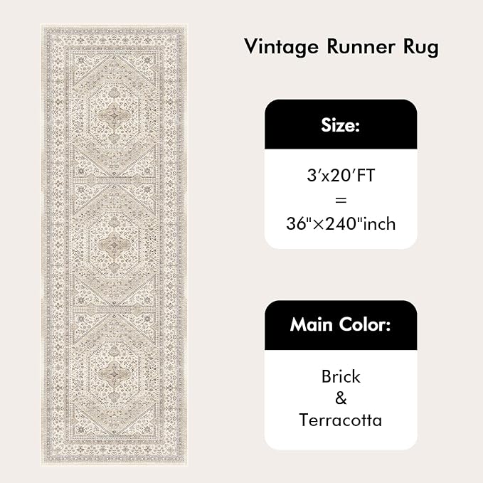 3x20 Runner Rug for Hallway Washable: Non Slip Kitchen Rugs with Rubber Backing Soft Waterproof Mats Stain Resistant Indoor Vintage Carpet Runner for Bedroom Bathroom Laundry Entryway Beige/Gray