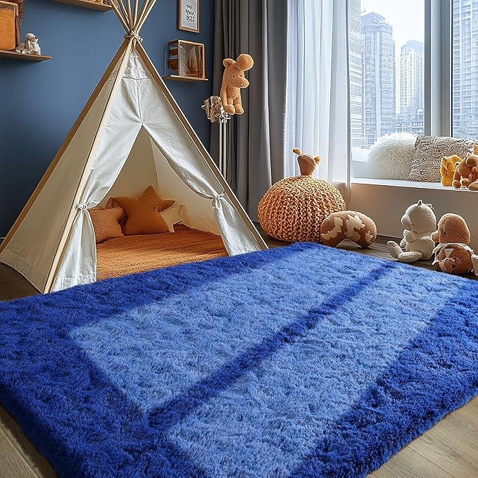 Zentavio Navy Blue Area Rugs for Living Room Boys Rugs for Bedroom 6x9 Large Shag Washable Carpet Soft Furry Fluffy Aesthetic Kids Playroom Rugs for Teen Home Decor