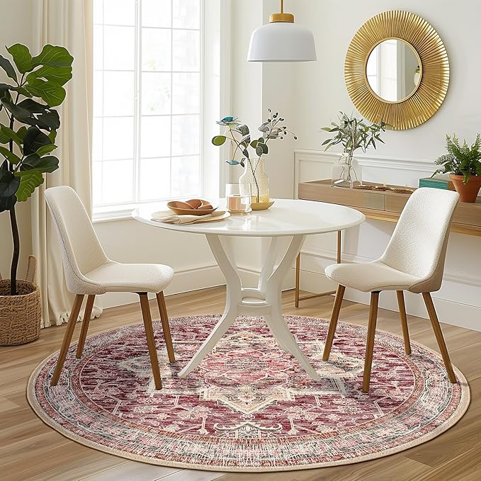 BESTSWEETIE 6ft Area Rugs for Living Room, Washable Ultra Soft Boho Vintage Print Pattern Rug Non Slip Low Pile Carpet for Dining Room Bedroom Entryway Indoor-Wine/Natural/Red/Black