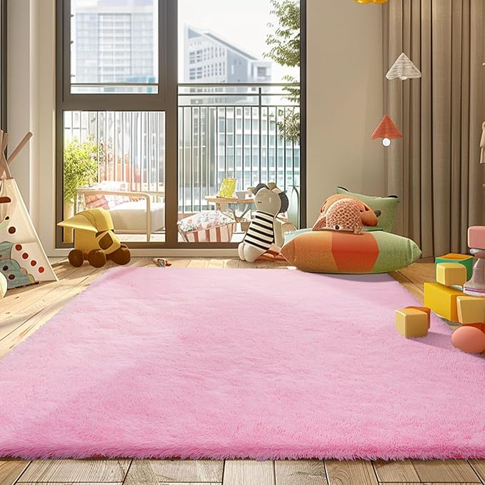Pink Fluffy Rug Shaggy Area Rug, 4x6 Area Rugs for Girls Bedroom, Soft Cute Baby Play Mat, Indoor Floor Carpet for Teen, Nursery, Preppy Dorm, Plush Aesthetic Bedside Rug