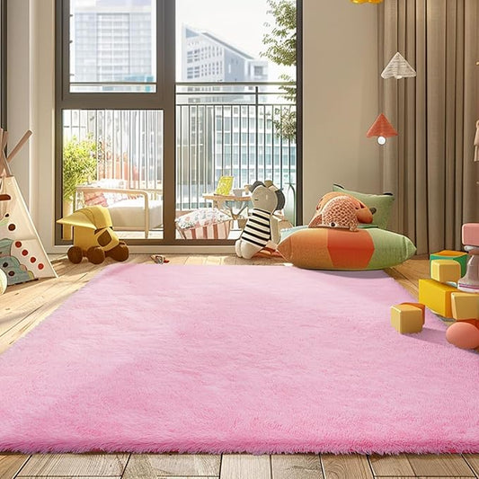 Pink Fluffy Rug Shaggy Area Rug, 4x6 Area Rugs for Girls Bedroom, Soft Cute Baby Play Mat, Indoor Floor Carpet for Teen, Nursery, Preppy Dorm, Plush Aesthetic Bedside Rug