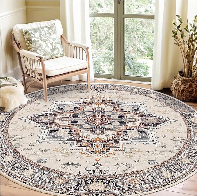 BESTSWEETIE 8ft Area Rugs for Living Room Washable Non Slip Carpet Low Pile Soft Vintage Print Pattern Rug for Bedroom Dining Room Kitchen Entryway Indoor-Khaki/Beige/Purple/Black/Brick