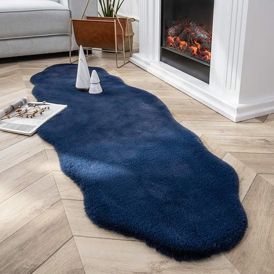 Ashler Faux Fur Rug, Ultra Soft Faux Rabbit Fur, Dark Blue Area Rugs, 2 x 6 Feet, Machine Washable Nursery Decor Throw Rugs for Bedroom, Kids Room, Living Room