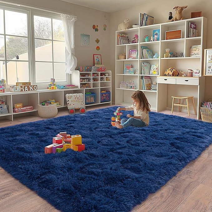 Shag Area Rugs for Living Room, Soft Fuzzy Plush Rugs, Upgrade Anti-Skid Modern Furry Rugs Fluffy Carpets for Kids Room Nursery Home Decor Dark Blue, 8X10 Feet