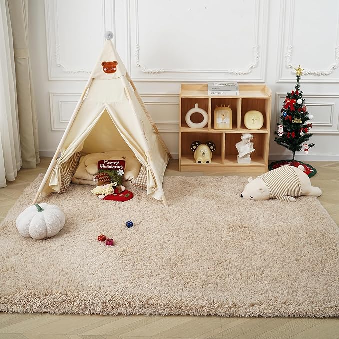 Fluffy Rug Shaggy Area Rug, Beige 3x5 Area Rugs for Bedroom, Small Bedside Rug, Soft Fluffy Shaggy Entryway Throw Rugs for Living Room Bedroom Kids Room Home Decor