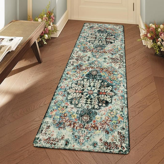 Lahome Bohemian Floral Medallion Runner Rug - 2'8" x 8' Washable Hallway Rug Runner Non Slip Kitchen Carpet Runner, Turkish Soft Pet Friendly Stair Mat for Bathroom Laundry Room Sunroom, Teal