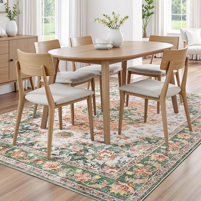 4x6 Area Rugs for Living Room, Foldable Machine Washable Rug, Soft Low Pile Non-Slip Vintage Floral Rug, Carpet for Bedroom, Dining Room, Bedside, Farmhouse, Office, Dorm (Green, 4'×6')
