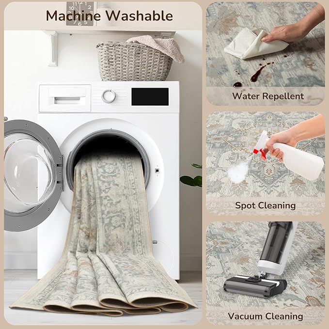 BESTSWEETIE 9x12 Area Rugs for Living Room Washable Non Slip Carpet Low Pile Soft Vintage Print Pattern Rug for Bedroom Dining Room Kitchen Entryway Indoor-Light Taupe/Brown