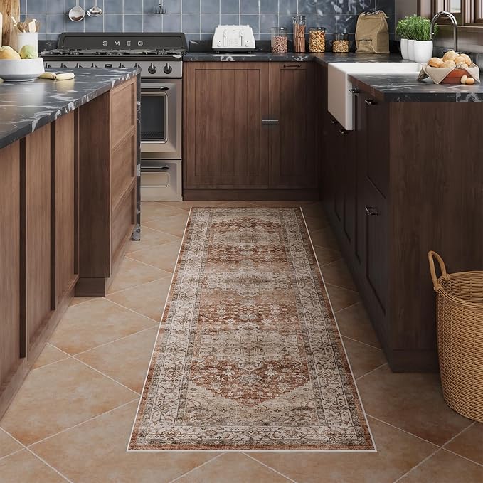Dripex 2x8 Runner Rug, Machine Washable Non Slip Area Rug,Boho Kitchen Runner Rug, No Pile Lightweight Vintage Rug, Floor Carpet for Entryway, Hallway, Kitchen and Corridor,Rust Red and Multi