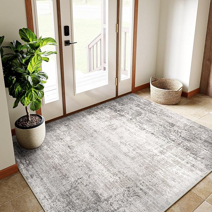 4x6 Washable Rugs Hallway Area Rug Grey Living Room Indoor Accent Rug Abstract Low Pile Carpet Distressed Throw Rug for Bedroom Office Dining Room Kitchen Laundry Room Non Slip