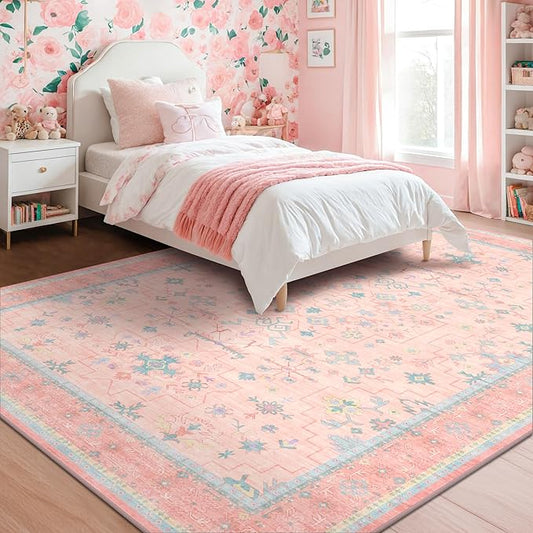Washable Pink and Blue 9x12 Oushak Rugs for Living Room Rug Bedroom Girls, Modern Floral Aethestic Distressed Design, Soft Faux Wool Low Pile Non Slip Stain Resistance Carpet