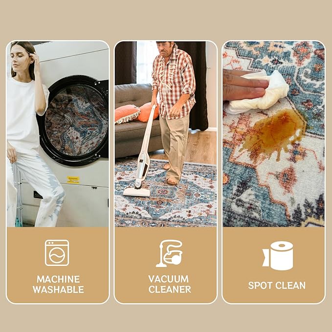 Washable Area Rugs, 3x5 Soft Non-Slip Soft Bedroom Living Room Accent Throw Boho Vintage Entry Floor Carpet for Dining Room Bathroom Entryway (Blue & Brown)