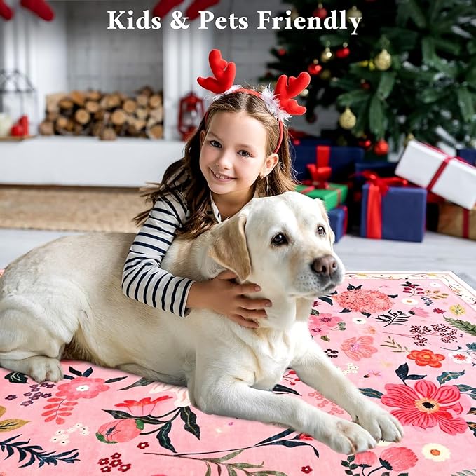 5x7 Pink Floral Rug for Living Room, Machine Washable Area Rugs with Non Slip Backingfor Girls Bedroom, Cute Flowers Carpet Kitchen Dining Room Kids Playroom Decor