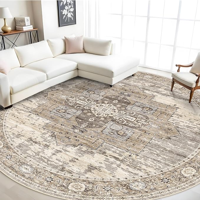 RUUGME 9ft Round Area Rug - Large Boho Rugs for Living Room Stain Resistant Carpet Vintage Tribal Rugs for Bedroom Kitchen Bathroom with Non Slip Backing Home Decor Floor Decoration Mat 9ft Beige