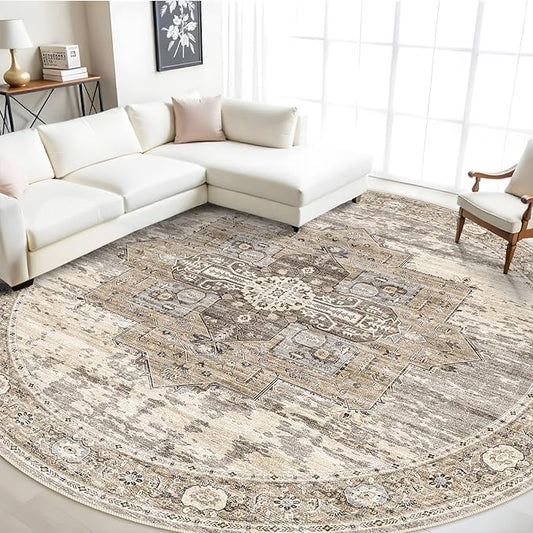RUUGME 9ft Round Area Rug - Large Boho Rugs for Living Room Stain Resistant Carpet Vintage Tribal Rugs for Bedroom Kitchen Bathroom with Non Slip Backing Home Decor Floor Decoration Mat 9ft Beige