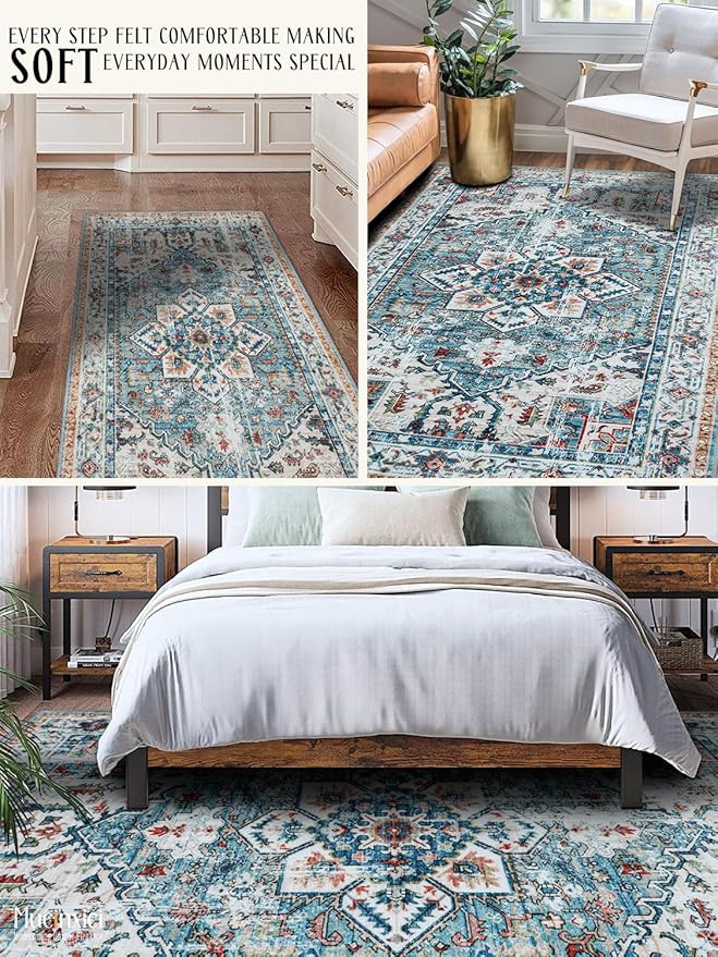 2x3 Area Rug - Non-Slip Machine Washable Low-Pile Carpet for Entryway, Living Room, Bedroom | Vintage Door Mat, Soft Bohemian Floor Decor & Kitchen Bedside Rug