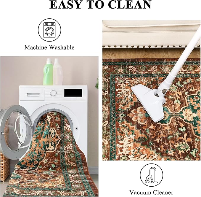 U'Artlines Boho Vintage Area Rug 8x10 Machine Washable Low Pile Ultra-Thin Soft Floor Carpet Non Slip Non Shedding Accent Rug for Living Room Bedroom Entryway Dining Room Office(Rust＆Teal)