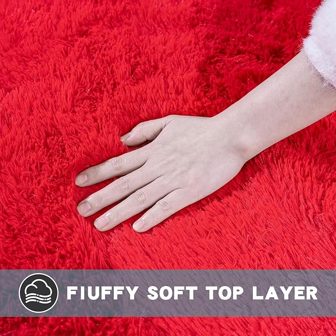 3x5 Area Rug for Bedroom, Red Rugs for Living Room Nursery Kids Room Dorm Home Decor Aesthetic, Fluffy Shaggy Rug with 4 Anti-Slip Carpet Tapes