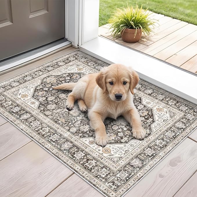 Washable Area Rug 2x3 - Entryway Living Room Large Indoor Rugs Soft Oriental Vintage Bedroom Rugs Non-Slip Backing Stain Resistant for Farmhouse Kitchen-2x3 Grey