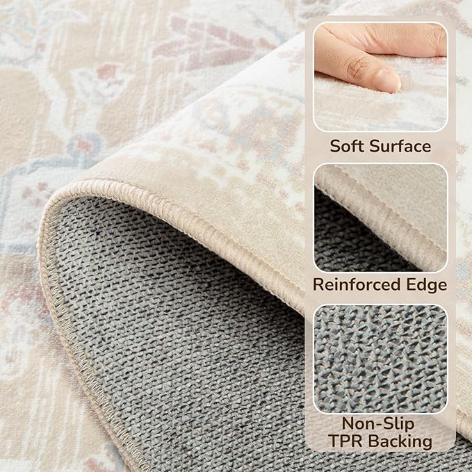 BESTSWEETIE 2x8 Area Rugs for Living Room Washable Non Slip Carpet Low Pile Soft Vintage Print Pattern Rug for Bedroom Dining Room Kitchen Entryway Indoor-Cream/Light Yellow/Brown/Blue/Red/Pink