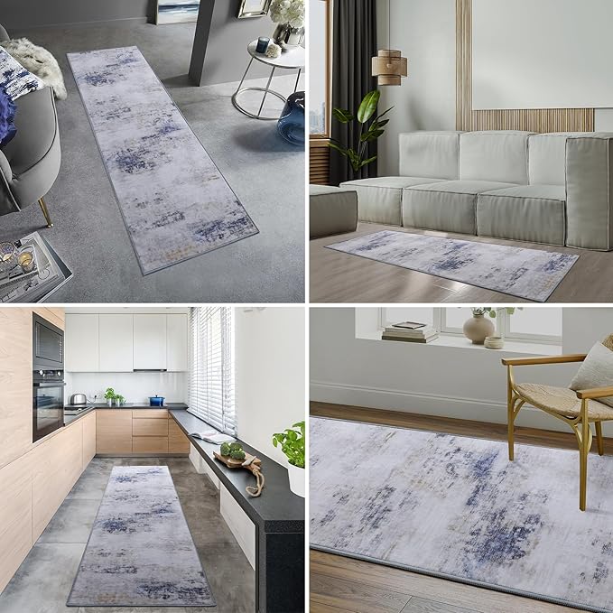 Toneed 2x6 Runner Rug Modern Abstract Hallway Rug Washable Non Slip Rubber Rugs for Kitchen Stairs Entryway Bedroom Living Room Printed Low Pile Foldable Accent Rugs Blue/White