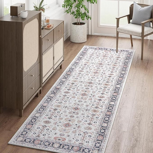 jinchan Hallway Runner Rug 3x8 - Vintage Rug Kitchen Washable Runner Floral Boho Floor Cover Non Slip Thin Mat Retro Distressed Carpet for Bathroom Laundry Room Bedroom Taupe